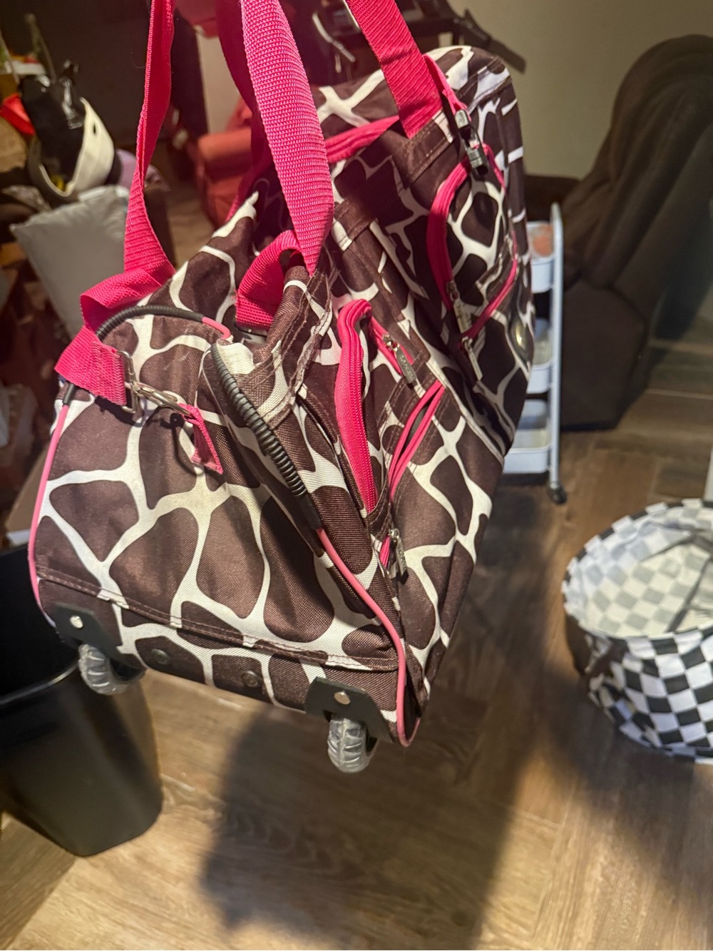 Stylish Pink-Trim Giraffe Print Rolling Duffle Bag